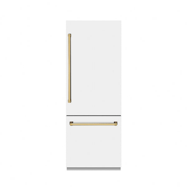 ZLINE Autograph Edition 30 in. 16.1 cu. ft. Built-In Bottom Freezer Refrigerator with Water Dispenser and Ice Maker in White Matte with Graphite Gray Interior and Polished Gold Accents (GRBIVZ-WM-30-G)