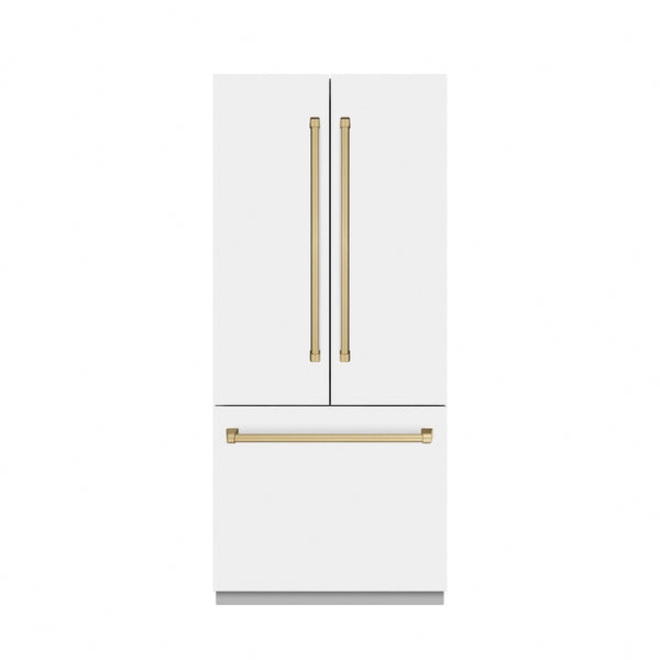 ZLINE Autograph Edition 36 in. 19.6 cu. ft. French Door Built-In Bottom Freezer Refrigerator with Water Dispenser and Ice Maker in White Matte with Graphite Gray Interior and Champagne Bronze Accents (GRBIVZ-WM-36-CB)