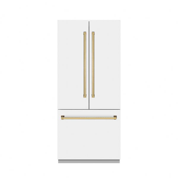 ZLINE Autograph Edition 36 in. 19.6 cu. ft. French Door Built-In Bottom Freezer Refrigerator with Water Dispenser and Ice Maker in White Matte with Graphite Gray Interior and Polished Gold Accents (GRBIVZ-WM-36-G)