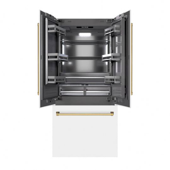 ZLINE Autograph Edition 36 in. 19.6 cu. ft. French Door Built-In Bottom Freezer Refrigerator with Water Dispenser and Ice Maker in White Matte with Graphite Gray Interior and Polished Gold Accents (GRBIVZ-WM-36-G)