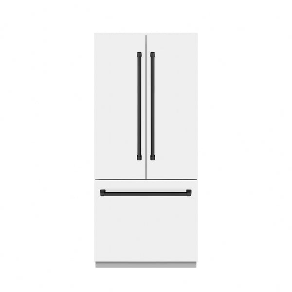 ZLINE Autograph Edition 36 in. 19.6 cu. ft. French Door Built-In Bottom Freezer Refrigerator with Water Dispenser and Ice Maker in White Matte with Graphite Gray Interior and Matte Black Accents (GRBIVZ-WM-36-MB)
