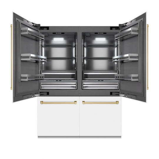 ZLINE Autograph Edition 60 in. 32.2 cu. ft. French Door Built-In Bottom Freezer Refrigerator with Water Dispenser and Ice Maker in White Matte with Graphite Gray Interior and Champagne Bronze Accents (GRBIVZ-WM-60-CB)
