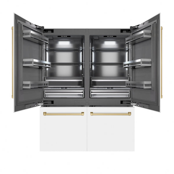 ZLINE Autograph Edition 60 in. 32.2 cu. ft. French Door Built-In Bottom Freezer Refrigerator with Water Dispenser and Ice Maker in White Matte with Graphite Gray Interior and Champagne Bronze Accents (GRBIVZ-WM-60-CB)