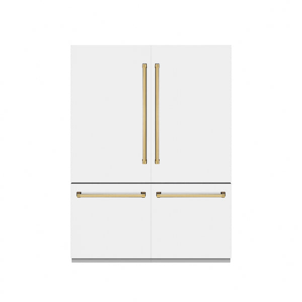 ZLINE Autograph Edition 60 in. 32.2 cu. ft. French Door Built-In Bottom Freezer Refrigerator with Water Dispenser and Ice Maker in White Matte with Graphite Gray Interior and Polished Gold Accents (GRBIVZ-WM-60-G)