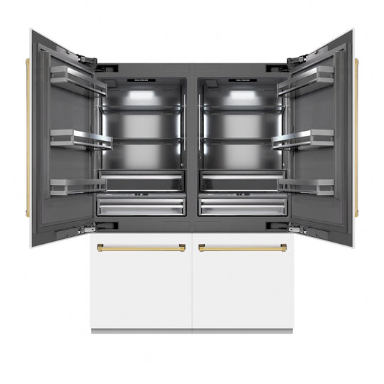 ZLINE Autograph Edition 60 in. 32.2 cu. ft. French Door Built-In Bottom Freezer Refrigerator with Water Dispenser and Ice Maker in White Matte with Graphite Gray Interior and Polished Gold Accents (GRBIVZ-WM-60-G)