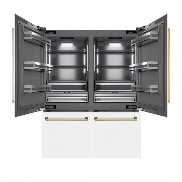 ZLINE Autograph Edition 60 in. 32.2 cu. ft. French Door Built-In Bottom Freezer Refrigerator with Water Dispenser and Ice Maker in White Matte with Graphite Gray Interior and Polished Gold Accents (GRBIVZ-WM-60-G)