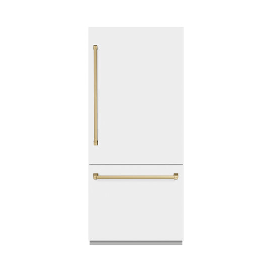 ZLINE Autograph Edition 36 in. 19.8 cu. ft. Built-In Bottom Freezer Refrigerator with Water Dispenser and Ice Maker in White Matte and Champagne Bronze Accents (RBITZ-WM-36-CB)