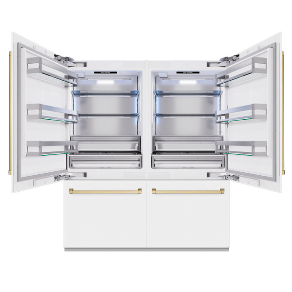 ZLINE Autograph Edition 72 in. 39.6 cu. ft. French Door Built-In Bottom Freezer Refrigerator with Water Dispensers and Ice Makers in White Matte and Champagne Bronze Accents (RBITZ-WM-72-CB)