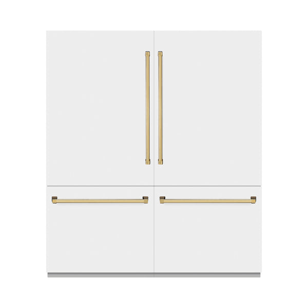 ZLINE Autograph Edition 72 in. 39.6 cu. ft. French Door Built-In Bottom Freezer Refrigerator with Water Dispensers and Ice Makers in White Matte and Polished Gold Accents (RBITZ-WM-72-G)