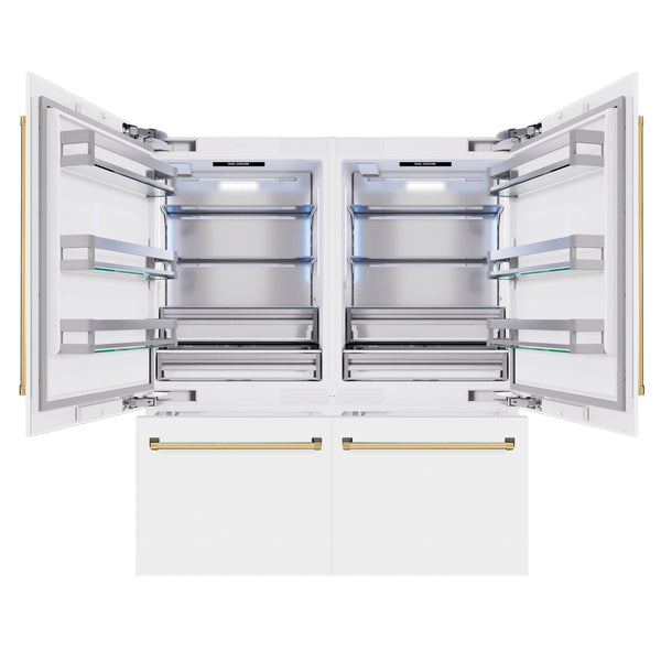 ZLINE Autograph Edition 72 in. 39.6 cu. ft. French Door Built-In Bottom Freezer Refrigerator with Water Dispensers and Ice Makers in White Matte and Polished Gold Accents (RBITZ-WM-72-G)