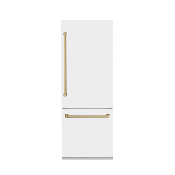 ZLINE Autograph Edition 30 in. 16.1 cu. ft. Built-In Bottom Freezer Refrigerator with Water Dispenser and Ice Maker in White Matte with Champagne Bronze Accents (RBIVZ-WM-30-CB)