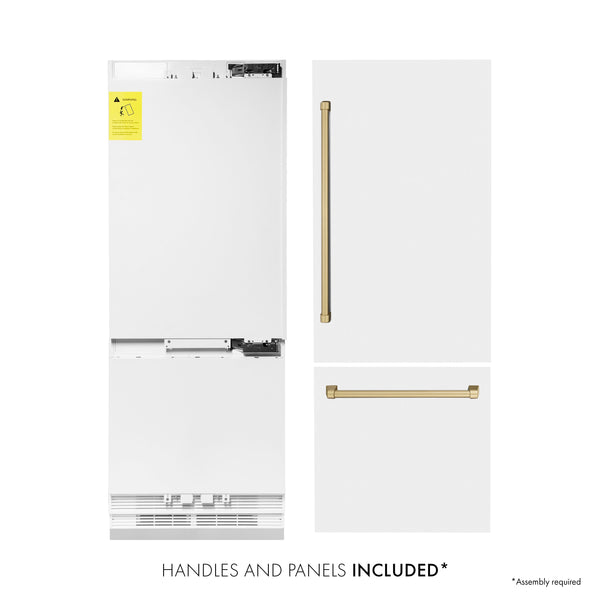ZLINE Autograph Edition 30 in. 16.1 cu. ft. Built-In Bottom Freezer Refrigerator with Water Dispenser and Ice Maker in White Matte with Champagne Bronze Accents (RBIVZ-WM-30-CB)