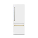 ZLINE Autograph Edition 30 in. 16.1 cu. ft. Built-In Bottom Freezer Refrigerator with Water Dispenser and Ice Maker in White Matte with Polished Gold Accents (RBIVZ-WM-30-G)