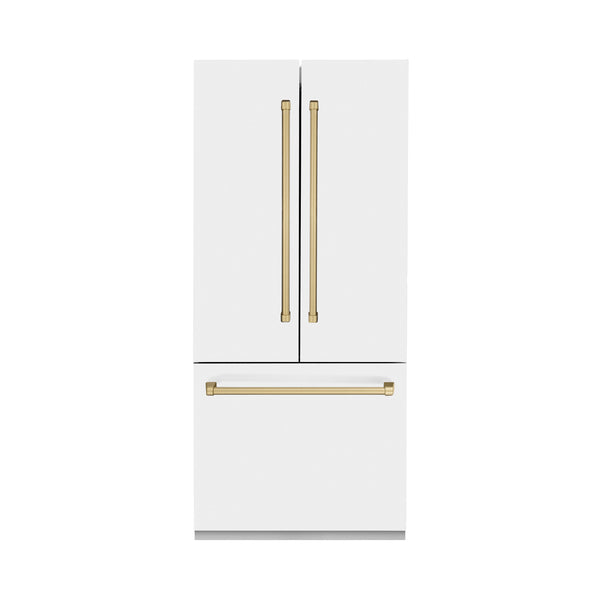 ZLINE Autograph Edition 36 in. 19.6 cu. ft. French Door Built-In Bottom Freezer Refrigerator with Water Dispenser and Ice Maker in White Matte with Champagne Bronze Accents (RBIVZ-WM-36-CB)