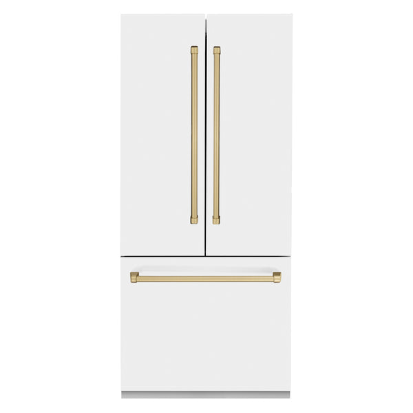 ZLINE Autograph Edition 36 in. 19.6 cu. ft. French Door Built-In Bottom Freezer Refrigerator with Water Dispenser and Ice Maker in White Matte with Champagne Bronze Accents (RBIVZ-WM-36-CB)