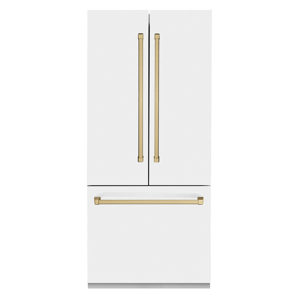 ZLINE Autograph Edition 36 in. 19.6 cu. ft. French Door Built-In Bottom Freezer Refrigerator with Water Dispenser and Ice Maker in White Matte with Champagne Bronze Accents (RBIVZ-WM-36-CB)
