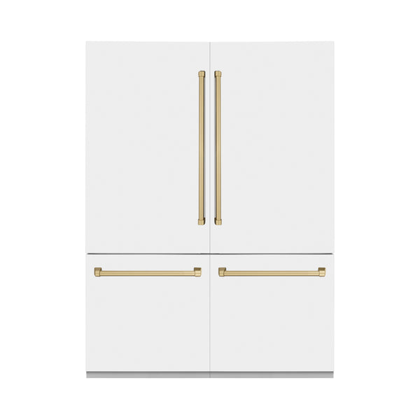 ZLINE Autograph Edition 60 in. 32.2 cu. ft. French Door Built-In Bottom Freezer Refrigerator with Water Dispenser and Ice Maker in White Matte with Champagne Bronze Accents (RBIVZ-WM-60-CB)