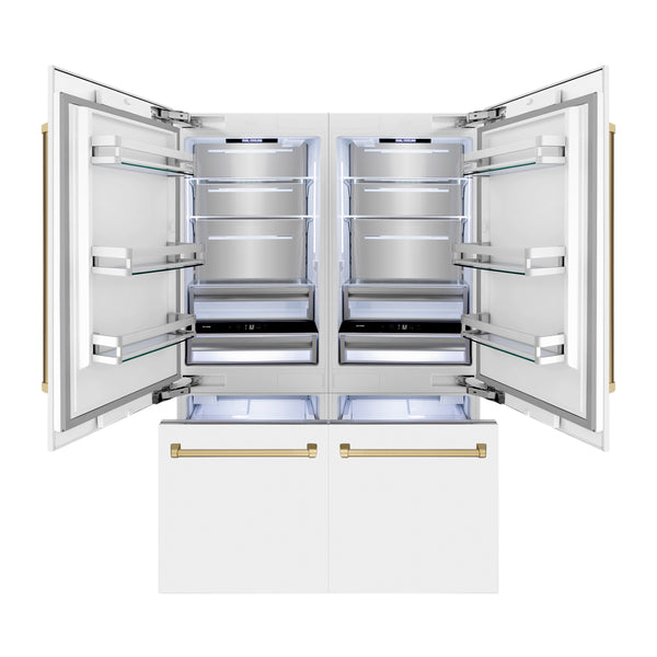 ZLINE Autograph Edition 60 in. 32.2 cu. ft. French Door Built-In Bottom Freezer Refrigerator with Water Dispenser and Ice Maker in White Matte with Champagne Bronze Accents (RBIVZ-WM-60-CB)