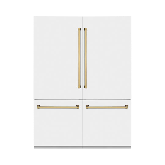 ZLINE Autograph Edition 60 in. 32.2 cu. ft. French Door Built-In Bottom Freezer Refrigerator with Water Dispenser and Ice Maker in White Matte with Polished Gold Accents (RBIVZ-WM-60-G)