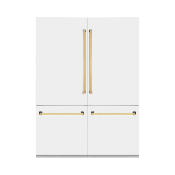 ZLINE Autograph Edition 60 in. 32.2 cu. ft. French Door Built-In Bottom Freezer Refrigerator with Water Dispenser and Ice Maker in White Matte with Polished Gold Accents (RBIVZ-WM-60-G)