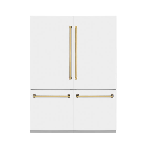 ZLINE Autograph Edition 60 in. 32.2 cu. ft. French Door Built-In Bottom Freezer Refrigerator with Water Dispenser and Ice Maker in White Matte with Polished Gold Accents (RBIVZ-WM-60-G)