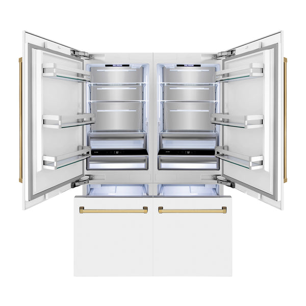 ZLINE Autograph Edition 60 in. 32.2 cu. ft. French Door Built-In Bottom Freezer Refrigerator with Water Dispenser and Ice Maker in White Matte with Polished Gold Accents (RBIVZ-WM-60-G)