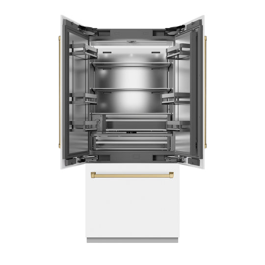 ZLINE Autograph Edition 36 in. 19.6 cu. ft. French Door Built-In Bottom Freezer Refrigerator with Water Dispenser and Ice Maker in White Matte with Stainless Steel Interior and Champagne Bronze Accents (SRBIVZ-WM-36-CB)
