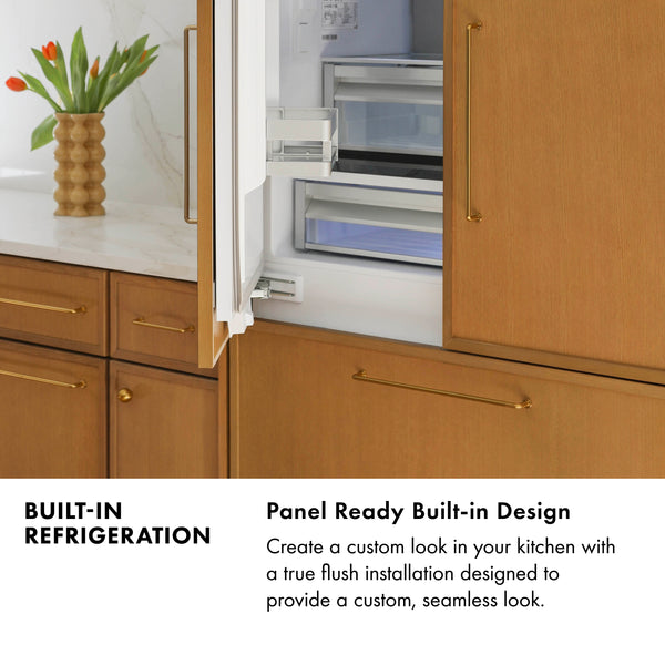 ZLINE Autograph Edition 36 in. 19.6 cu. ft. Panel Ready French Door Built-In Bottom Freezer Refrigerator with Water Dispenser and Ice Maker with Champagne Bronze Accents (RBIVZ-36-CB)