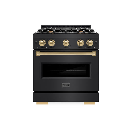 ZLINE Autograph Edition 30 in. 4.2 cu. ft. Classic Gas Range with 4 Burner Cooktop and Convection Gas Oven in Black Stainless Steel and Champagne Bronze Accents (CGRBZ-30-CB)