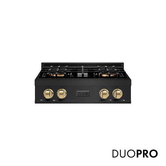 ZLINE Autograph Edition 30 in. Classic Gas Rangetop with 4 Burner DuoPro™ Cooktop in Black Stainless Steel and Champagne Bronze Accents (PCRTBZ-30-CB)