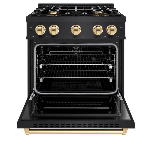 ZLINE Autograph Edition 30 in. 4.2 cu. ft. Classic Dual Fuel Range with 4 Burner Gas Cooktop and Electric Convection Oven in Black Stainless Steel with Polished Gold Accents (CDRBZ-30-G)