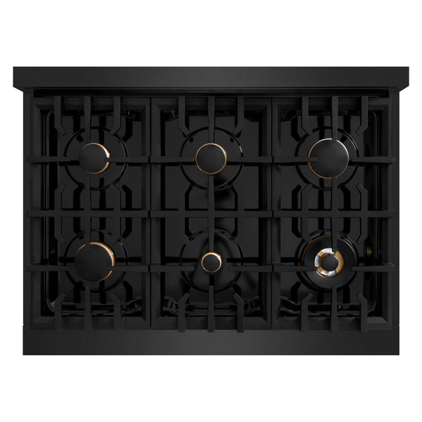 ZLINE Autograph Edition 36 in. 5.2 cu. ft. Classic Dual Fuel Range with 6 Burner Gas Cooktop and Electric Convection Oven in Black Stainless Steel with Champagne Bronze Accents (CDRBZ-36-CB)