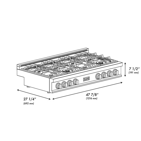ZLINE Autograph Edition 48 in. Classic Gas Rangetop with 8 Burners and Porcelain Cooktop in Black Stainless Steel with Champagne Bronze Accents (RTBZ-48-CB)
