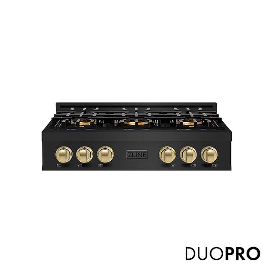 ZLINE Autograph Edition 36 in. Classic Gas Rangetop with 6 Burner DuoPro™ Cooktop in Black Stainless Steel and Champagne Bronze Accents (PCRTBZ-36-CB)