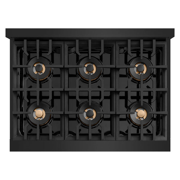 ZLINE Autograph Edition 36 in. Classic Gas Rangetop with 6 Burner DuoPro™ Cooktop in Black Stainless Steel and Polished Gold Accents (PCRTBZ-36-G)