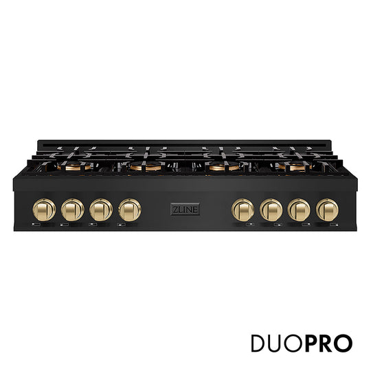 ZLINE Autograph Edition 48 in. Classic Gas Rangetop with 8 Burner DuoPro™ Cooktop in Black Stainless Steel and Champagne Bronze Accents (PCRTBZ-48-CB)
