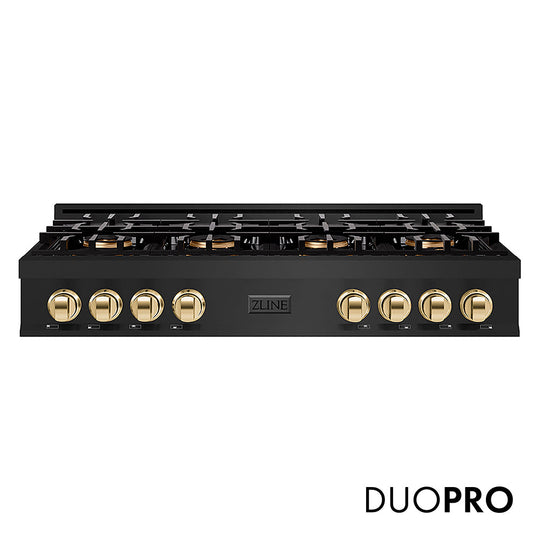 ZLINE Autograph Edition 48 in. Classic Gas Rangetop with 8 Burner DuoPro™ Cooktop in Black Stainless Steel and Polished Gold Accents (PCRTBZ-48-G)