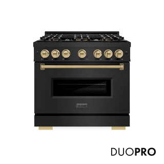 ZLINE Autograph Edition 36 in. 5.2 cu. ft. Classic Dual Fuel Range with 6 Burner DuoPro™ Cooktop and Electric Convection Oven in Black Stainless Steel and Champagne Bronze Accents (PCDRBZ-36-CB)