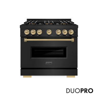 ZLINE Autograph Edition 36 in. 5.2 cu. ft. Classic Dual Fuel Range with 6 Burner DuoPro™ Cooktop and Electric Convection Oven in Black Stainless Steel and Champagne Bronze Accents (PCDRBZ-36-CB)