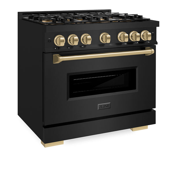 ZLINE Autograph Edition 36 in. 5.2 cu. ft. Classic Dual Fuel Range with 6 Burner DuoPro™ Cooktop and Electric Convection Oven in Black Stainless Steel and Champagne Bronze Accents (PCDRBZ-36-CB)