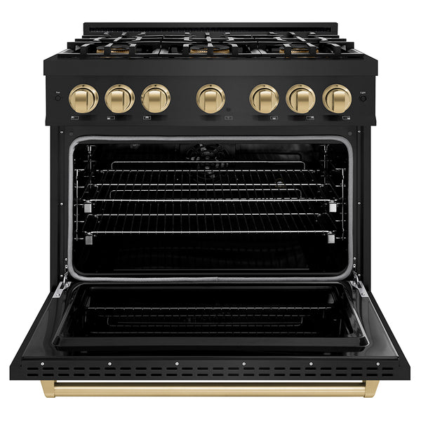 ZLINE Autograph Edition 36 in. 5.2 cu. ft. Classic Dual Fuel Range with 6 Burner DuoPro™ Cooktop and Electric Convection Oven in Black Stainless Steel and Champagne Bronze Accents (PCDRBZ-36-CB)
