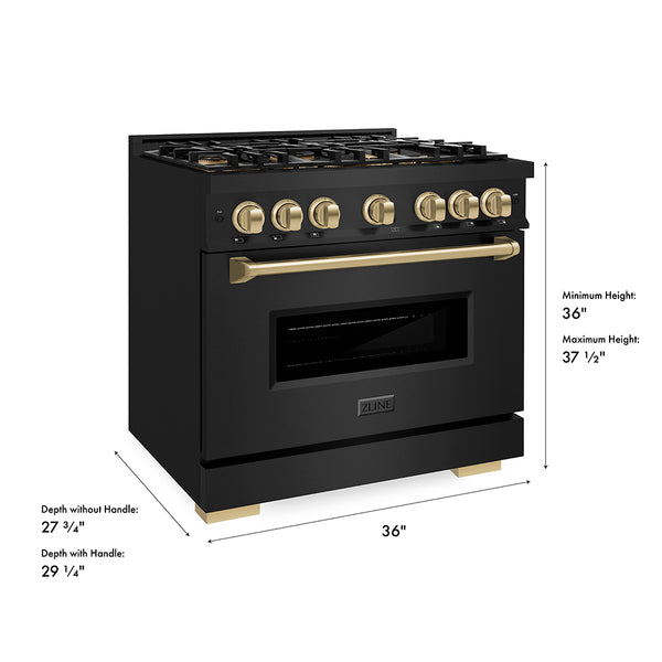 ZLINE Autograph Edition 36 in. 5.2 cu. ft. Classic Dual Fuel Range with 6 Burner DuoPro™ Cooktop and Electric Convection Oven in Black Stainless Steel and Champagne Bronze Accents (PCDRBZ-36-CB)