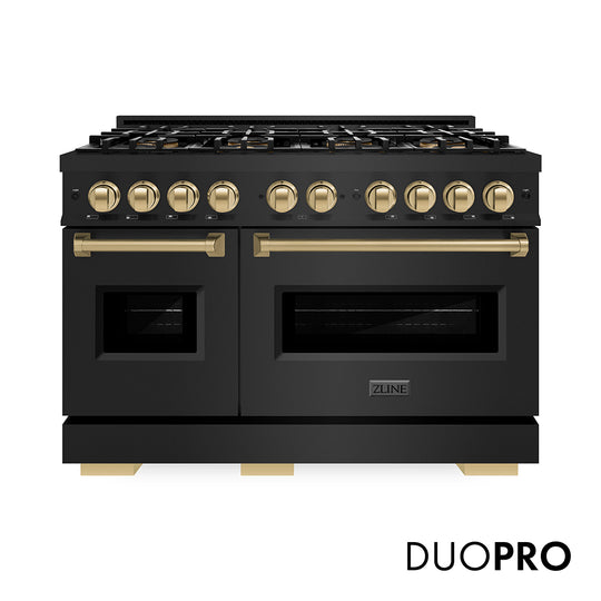 ZLINE Autograph Edition 48 in. 6.7 cu. ft. Classic Dual Fuel Range with 8 Burner DuoPro™ Cooktop and Dual Ovens in Black Stainless Steel and Champagne Bronze Accents (PCDRBZ-48-CB)