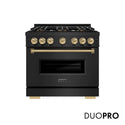 ZLINE Autograph Edition 36 in. 5.2 cu. ft. Classic Gas Range with 6 Burner DuoPro™ Cooktop and Convection Gas Oven in Black Stainless Steel and Champagne Bronze Accents (PCGRBZ-36-CB)