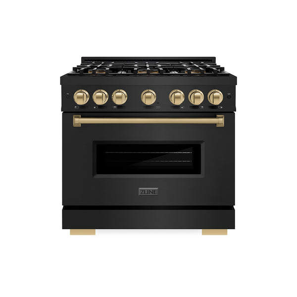 ZLINE Autograph Edition 36 in. 5.2 cu. ft. Classic Gas Range with 6 Burner DuoPro™ Cooktop and Convection Gas Oven in Black Stainless Steel and Champagne Bronze Accents (PCGRBZ-36-CB)