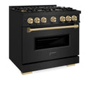 ZLINE Autograph Edition 36 in. 5.2 cu. ft. Classic Gas Range with 6 Burner DuoPro™ Cooktop and Convection Gas Oven in Black Stainless Steel and Champagne Bronze Accents (PCGRBZ-36-CB)