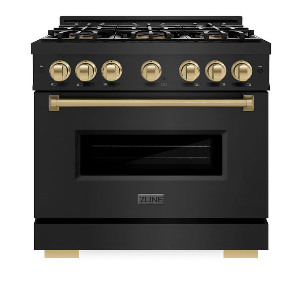 ZLINE Autograph Edition 36 in. 5.2 cu. ft. Classic Gas Range with 6 Burner DuoPro™ Cooktop and Convection Gas Oven in Black Stainless Steel and Champagne Bronze Accents (PCGRBZ-36-CB)