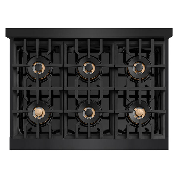 ZLINE Autograph Edition 36 in. 5.2 cu. ft. Classic Gas Range with 6 Burner DuoPro™ Cooktop and Convection Gas Oven in Black Stainless Steel and Champagne Bronze Accents (PCGRBZ-36-CB)