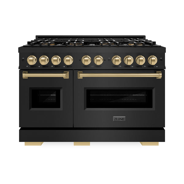 ZLINE Autograph Edition 48 in. 6.7 cu. ft. Classic Gas Range with 8 Burner DuoPro™ Cooktop and Dual Ovens in Black Stainless Steel and Champagne Bronze Accents (PCGRBZ-48-CB)