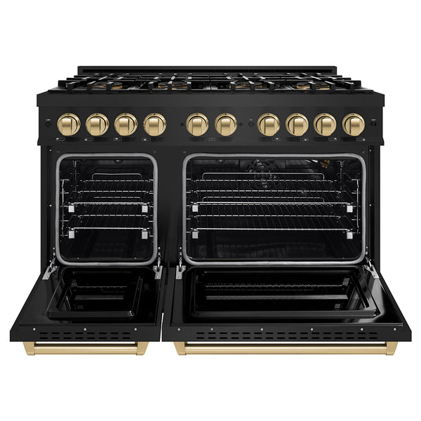 ZLINE Autograph Edition 48 in. 6.7 cu. ft. Classic Gas Range with 8 Burner DuoPro™ Cooktop and Dual Ovens in Black Stainless Steel and Champagne Bronze Accents (PCGRBZ-48-CB)